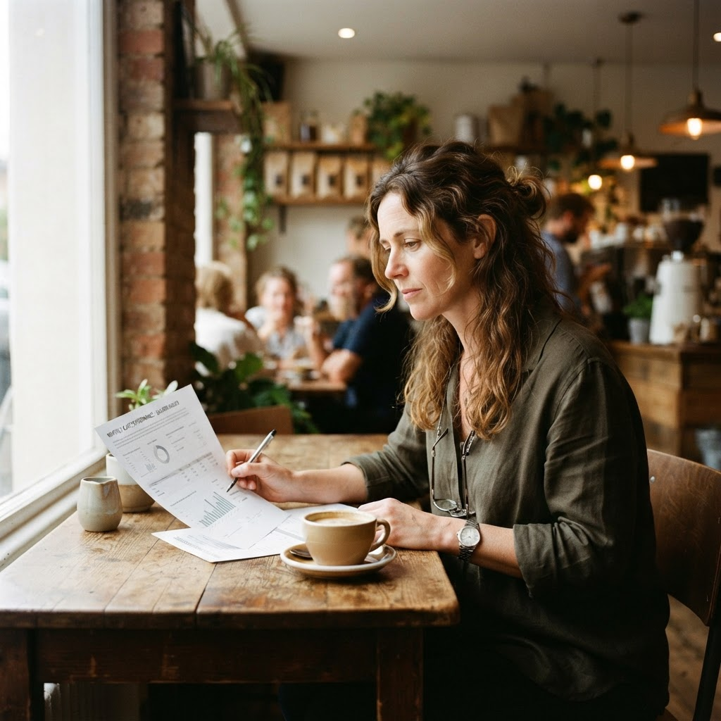 An owner reviewing a printed dashboard report on a cafe table with coffee