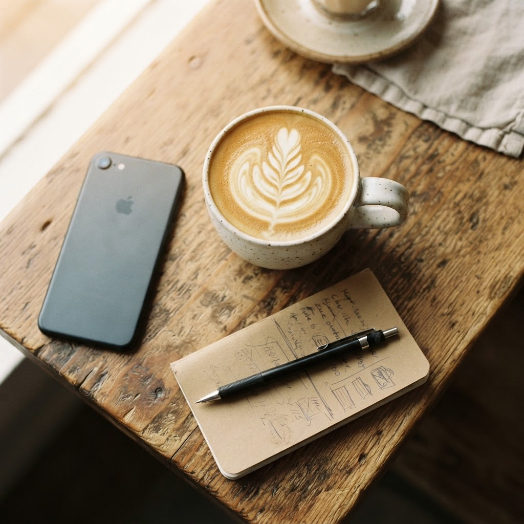 A notebook and coffee cup next to a phone showing a morning briefing