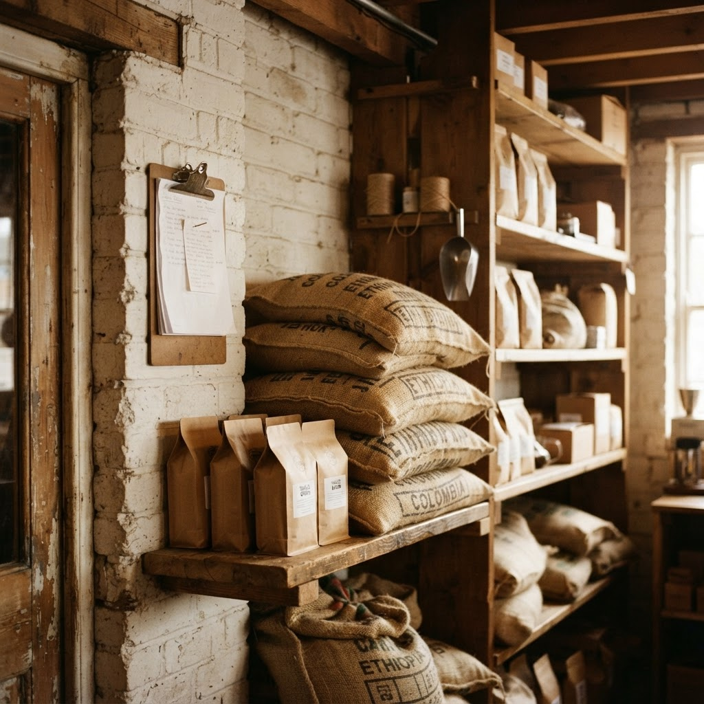 Bags of coffee beans stacked in a small back-office storage room