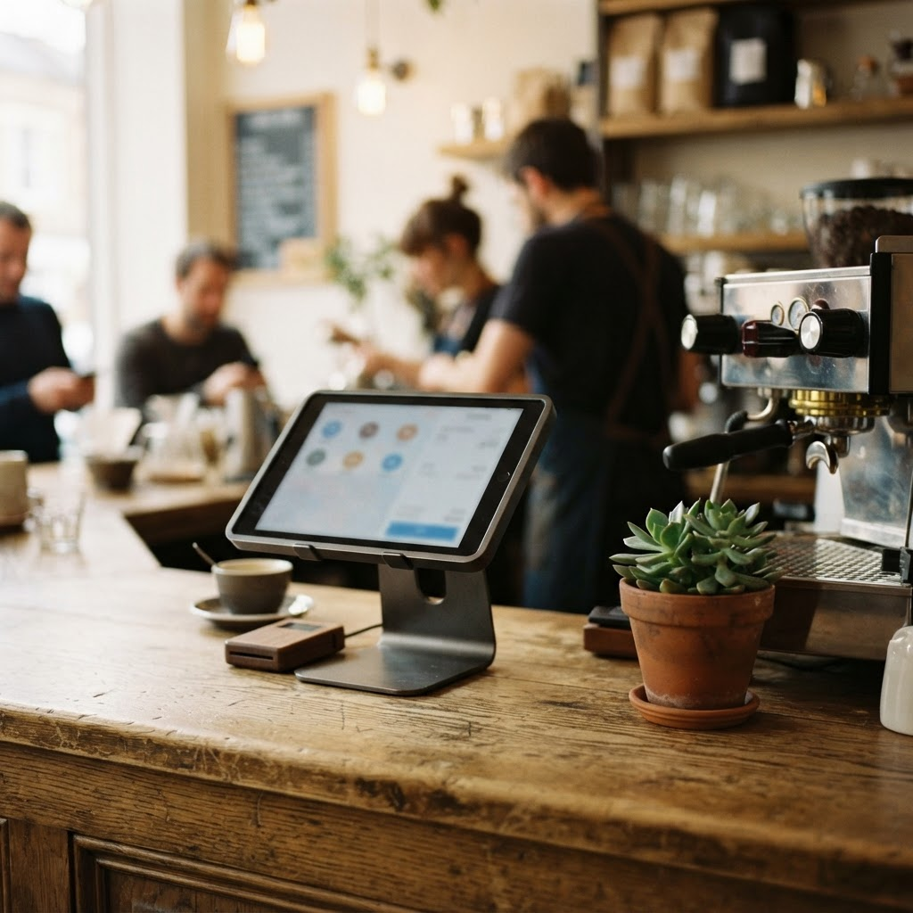 Close-up of a point-of-sale terminal on a coffee shop counter