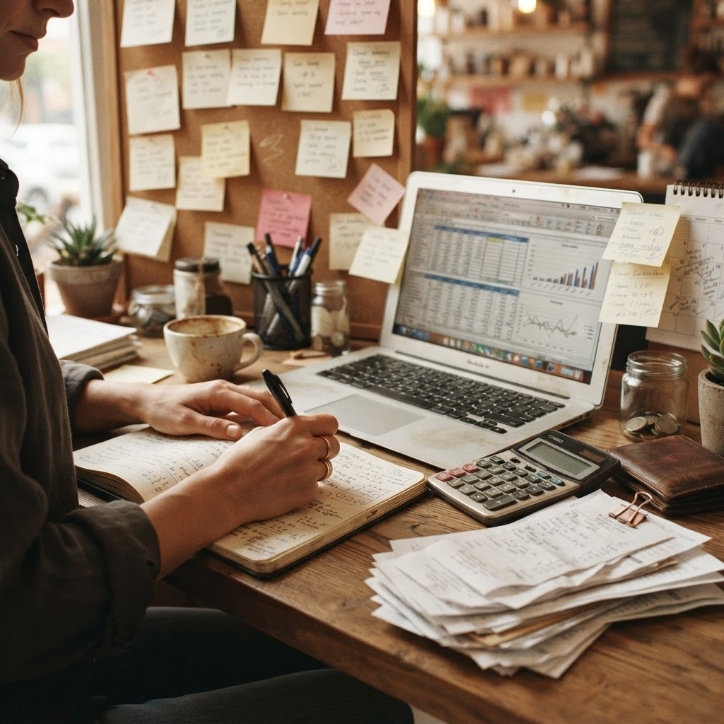 An owner working on a laptop covered in sticky notes in a cafe back office